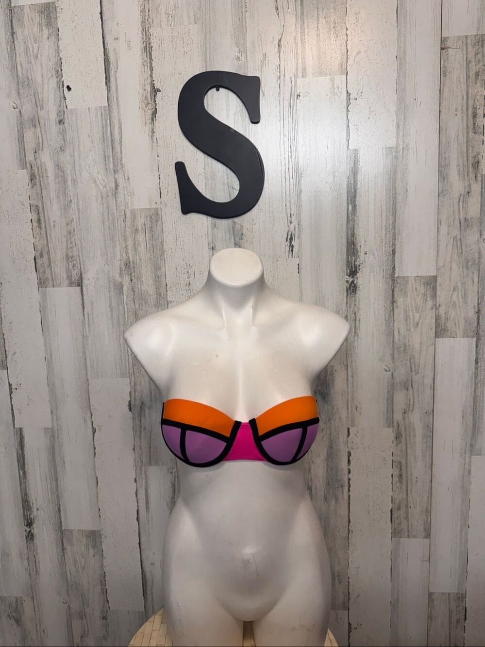 Colorblock Neoprene Style Bandeau Bikini Top Womens S Neon Pink Orange Purple